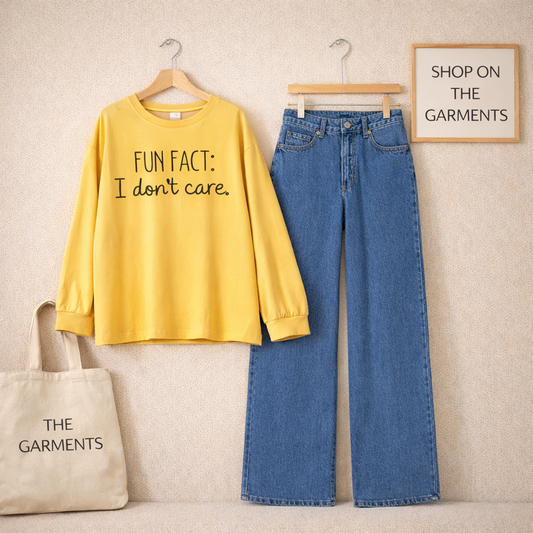 FUN FACT I DONT CARE YELLOW FULL SLEEVES WITH DARK BLUE WIDE LEG  JEANS