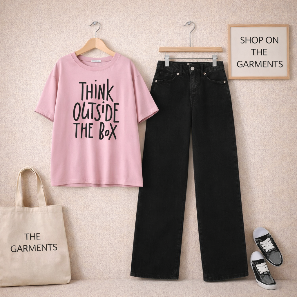 THINK OUTSIDE THE BOX PINK TSHIRT WITH BLACK WIDE LEG JEANS