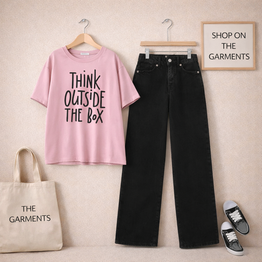 THINK OUTSIDE THE BOX PINK TSHIRT WITH BLACK WIDE LEG JEANS