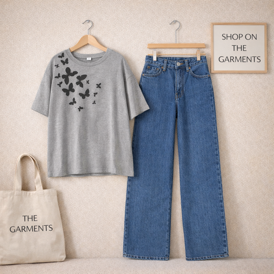 SHOULDER BUTTERFLIES GREY TSHIRT WITH MID DARK BLUE WIDE LEG JEANS