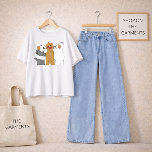 TOGETHER BEAR WHITE TSHIRT WITH ICE BLUE WIDE LEG JEANS