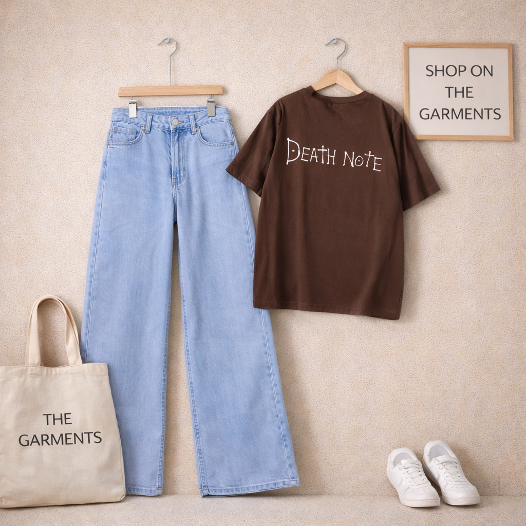 DEATH NOTE DARK BROWN TSHIRT WITH SKY BLUE WIDE LEG JEANS