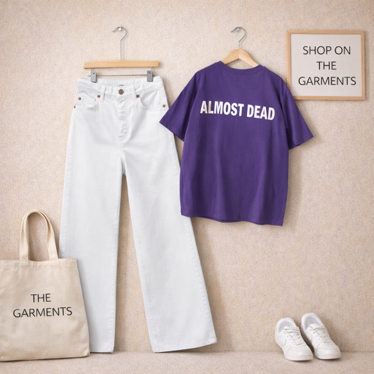ALMOST DEAD PURPLE TSHIRT WITH WHITE WIDE LEG JEANS