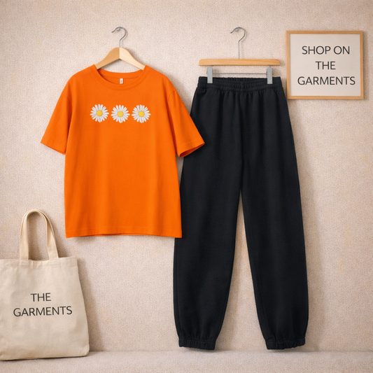 3 SUNFLOWERS ORANGE TSHIRT WITH BLACK TROUSER