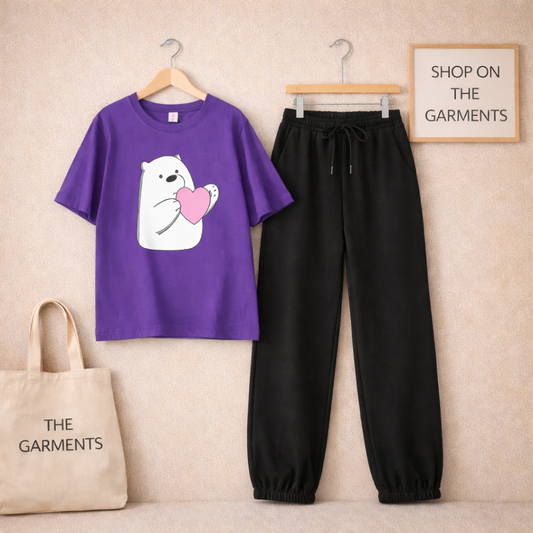 BEAR HEART PURPLE T-SHIRT WITH BLACK TROUSERS