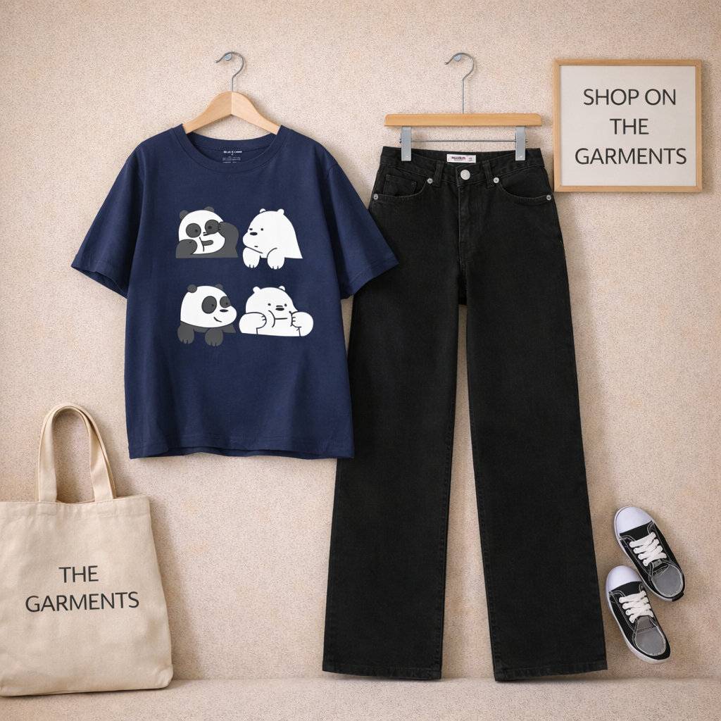 FOUR BEAR NAVY BLUE T-SHIRT WITH BLACK WIDE LEG JEANS
