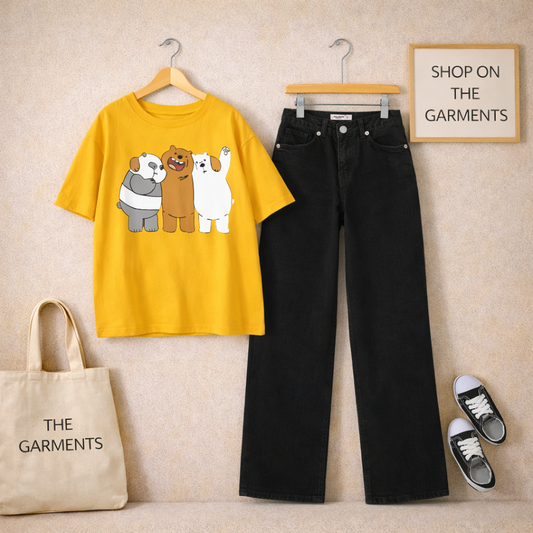 TOGETHER BEAR YELLOW T-SHIRT WITH BLACK WIDE LEG JEANS