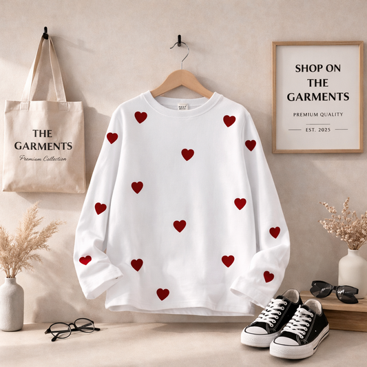 WHITE FULL SLEEVES T-SHIRT ( RED HEARTS ALL OVER)