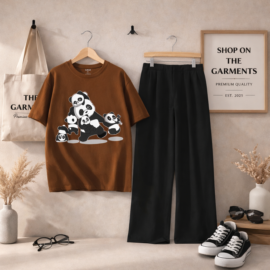 PANDA FAMILY DARK BROWN TSHIRT  WITH BLACK FLAPPER