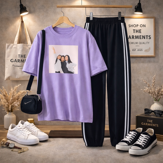 THREE GIRLS LILAC T-SHIRT WITH THREE STRIPE TROUSERS