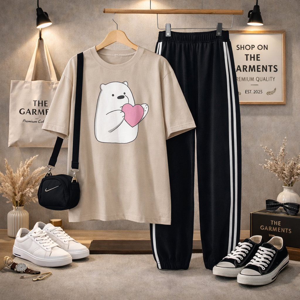 BEAR HEART BEIGE T-SHIRT WITH THREE STRIPE TROUSERS