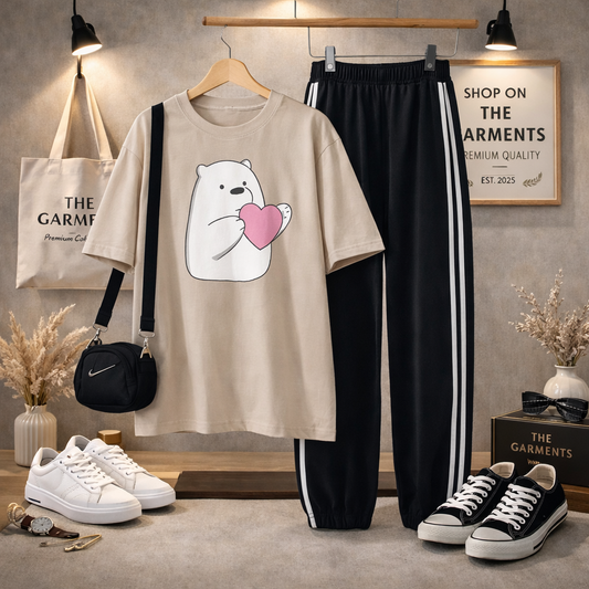 BEAR HEART BEIGE T-SHIRT WITH THREE STRIPE TROUSERS