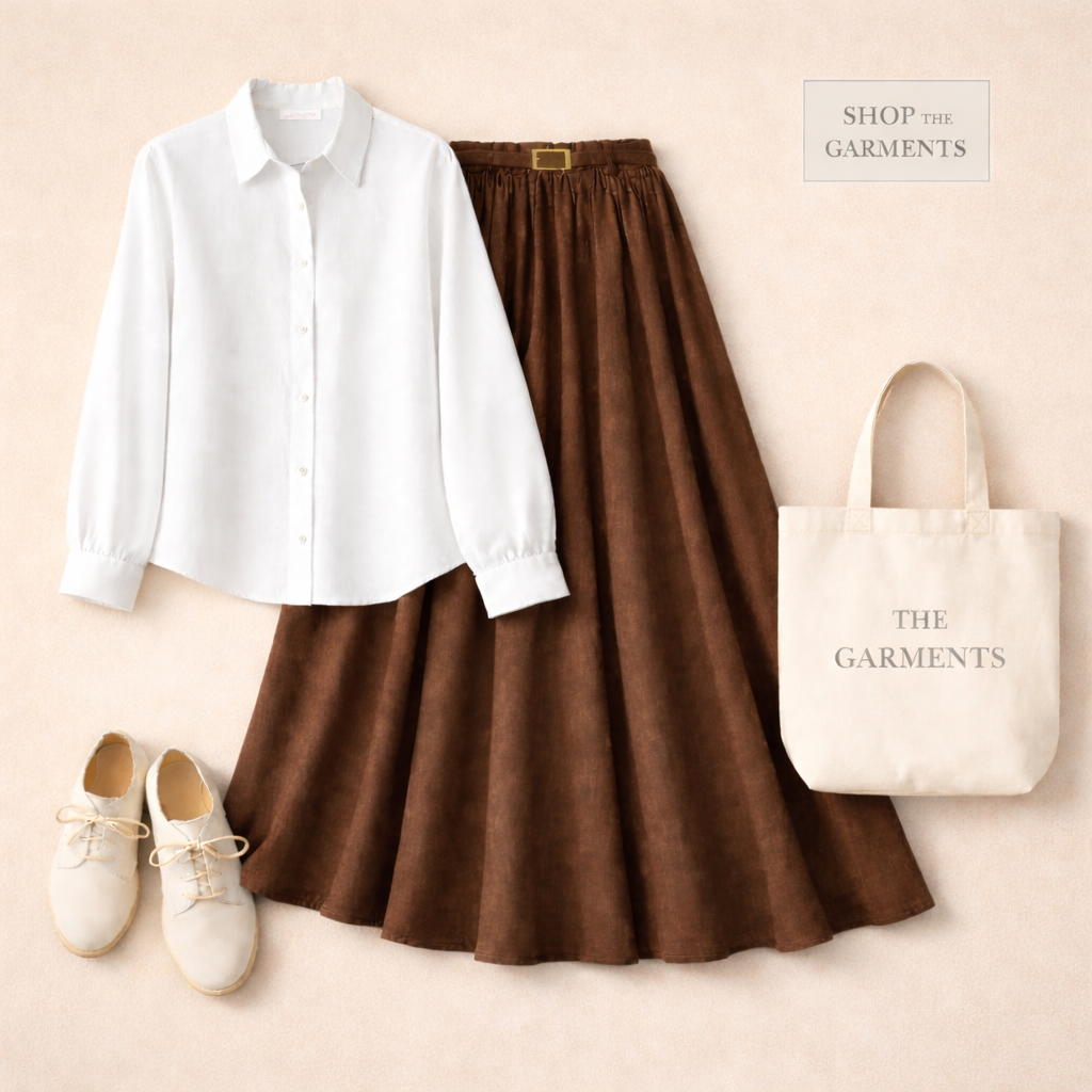 WHITE BUTTON DOWN WITH BROWN SKIRT (Twill)