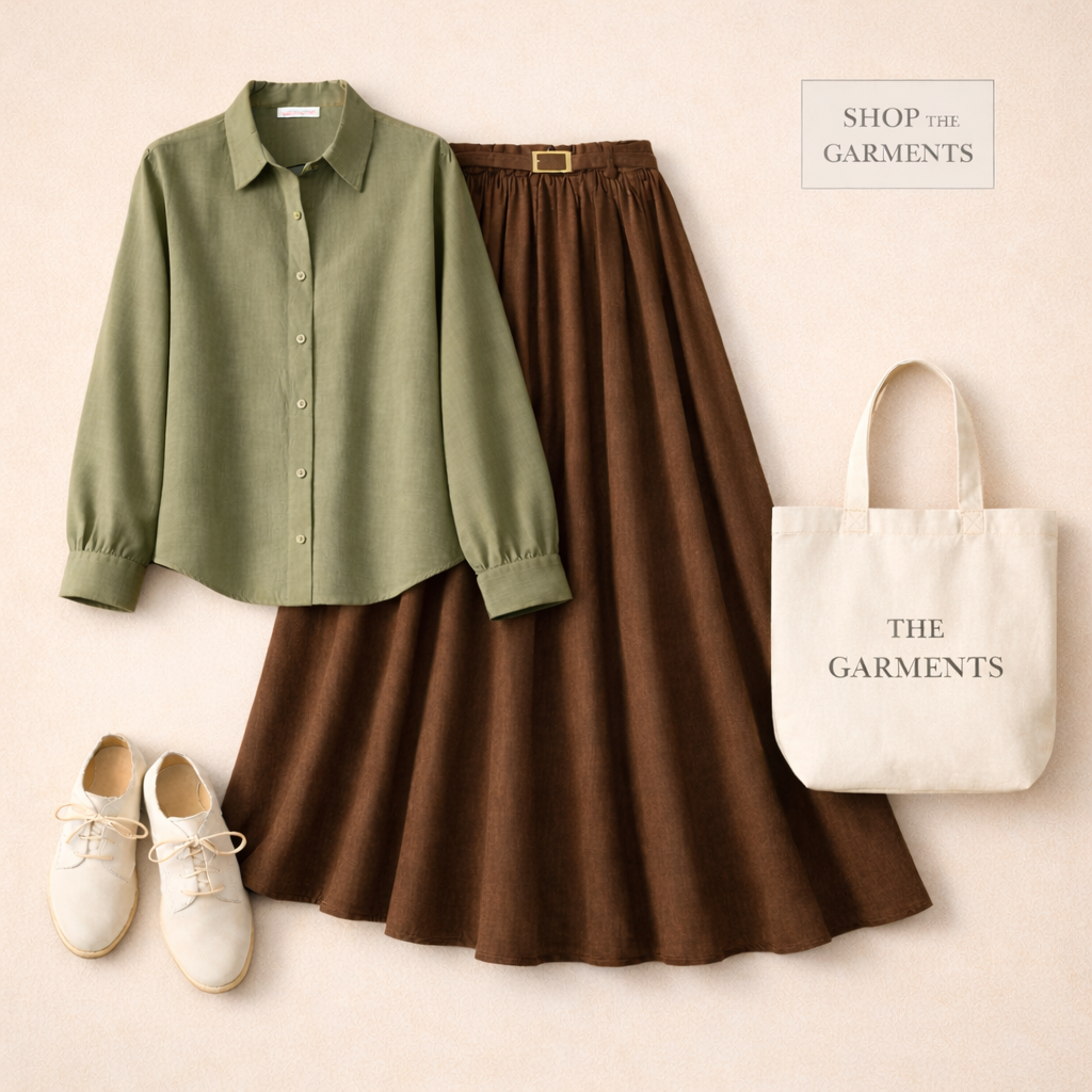 OLIVE GREEN BUTTON DOWN WITH BROWN SKIRT (Twill)