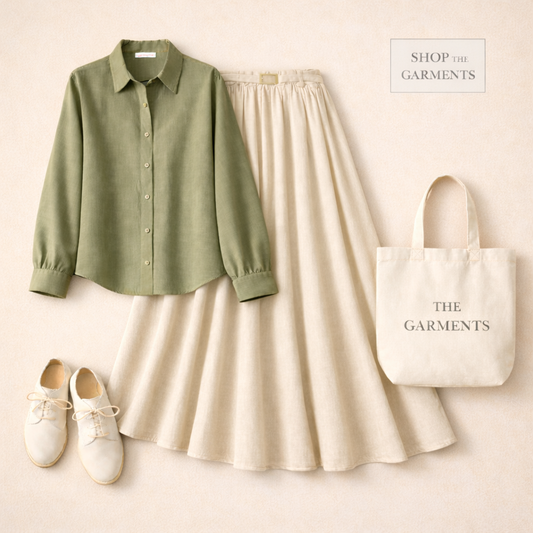 OLIVE GREEN BUTTON DOWN WITH BEIGE SKIRT (Twill)