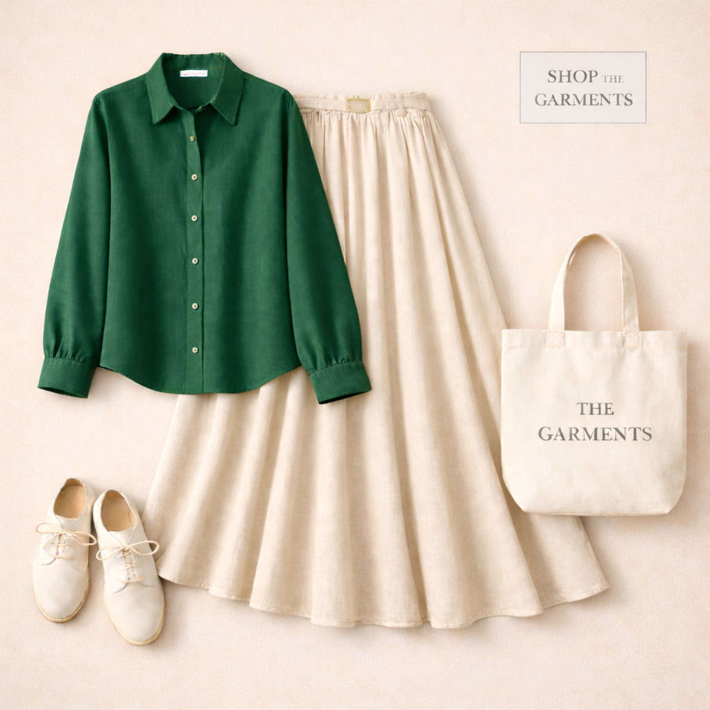 BOTTLE GREEN BUTTON DOWN WITH BEIGE SKIRT (Twill)