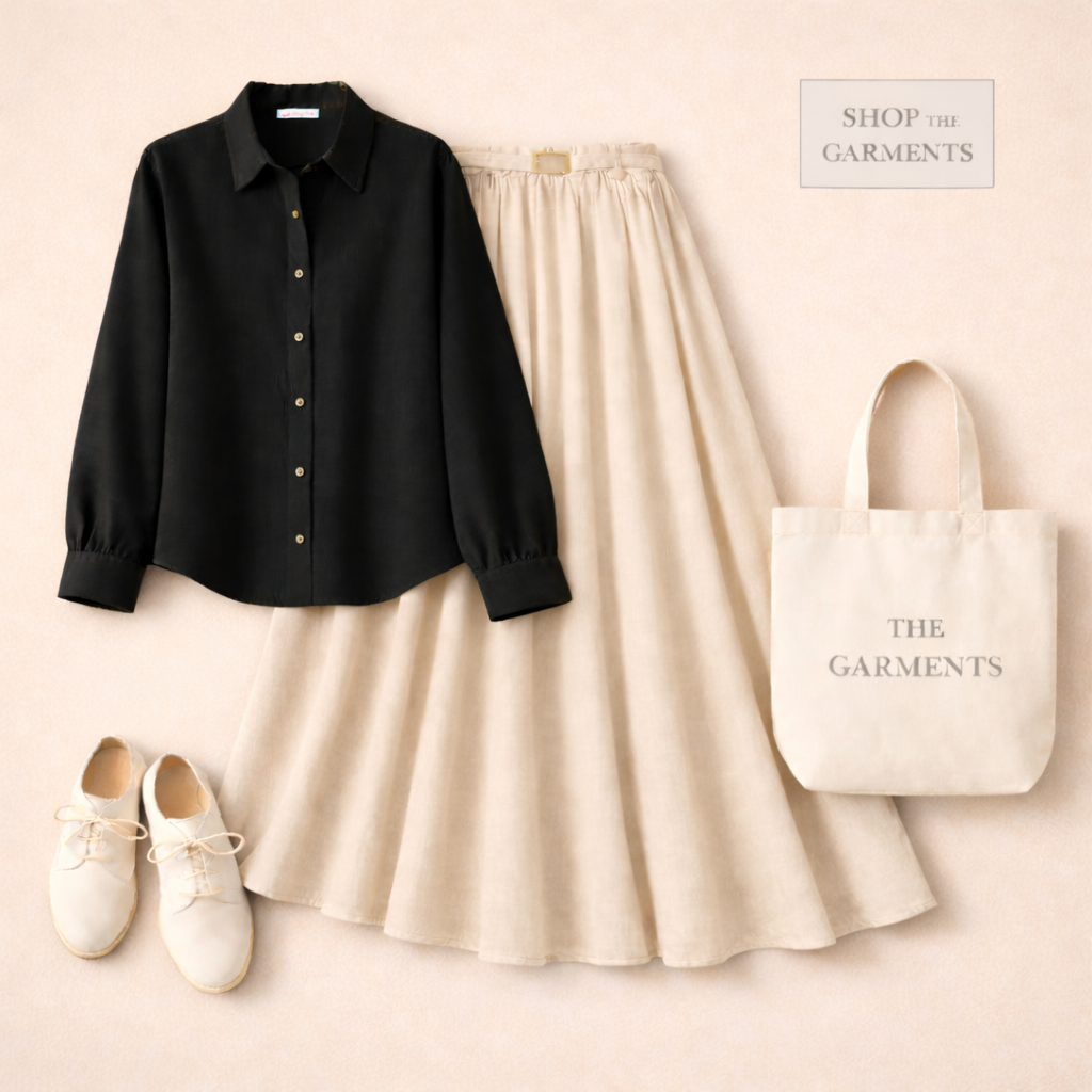 BLACK BUTTON DOWN WITH BEIGE SKIRT (Twill)