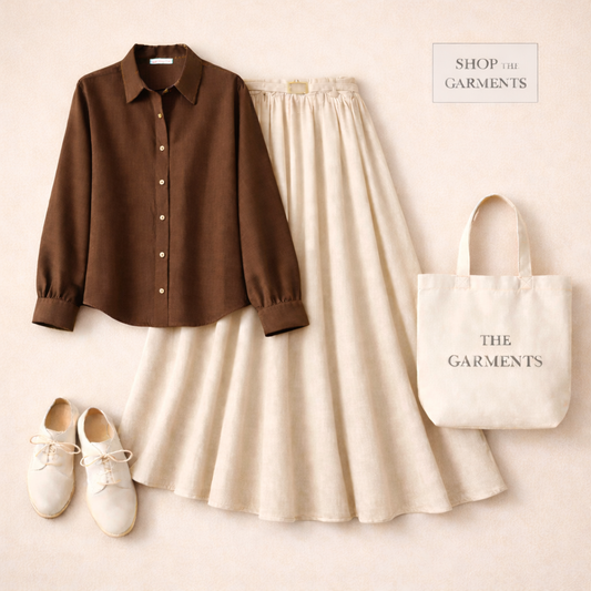 BROWN BUTTON DOWN WITH BEIGE SKIRT (Twill)