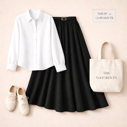 WHITE BUTTON DOWN WITH BLACK SKIRT (Twill)