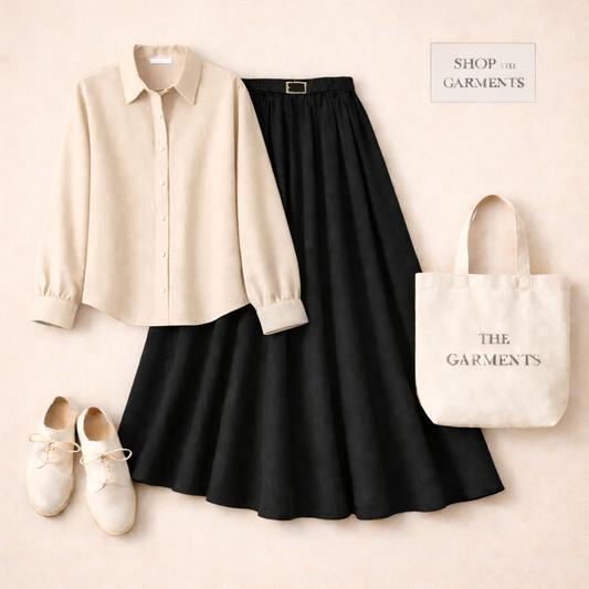 BEIGE BUTTON DOWN WITH BLACK SKIRT (Twill)