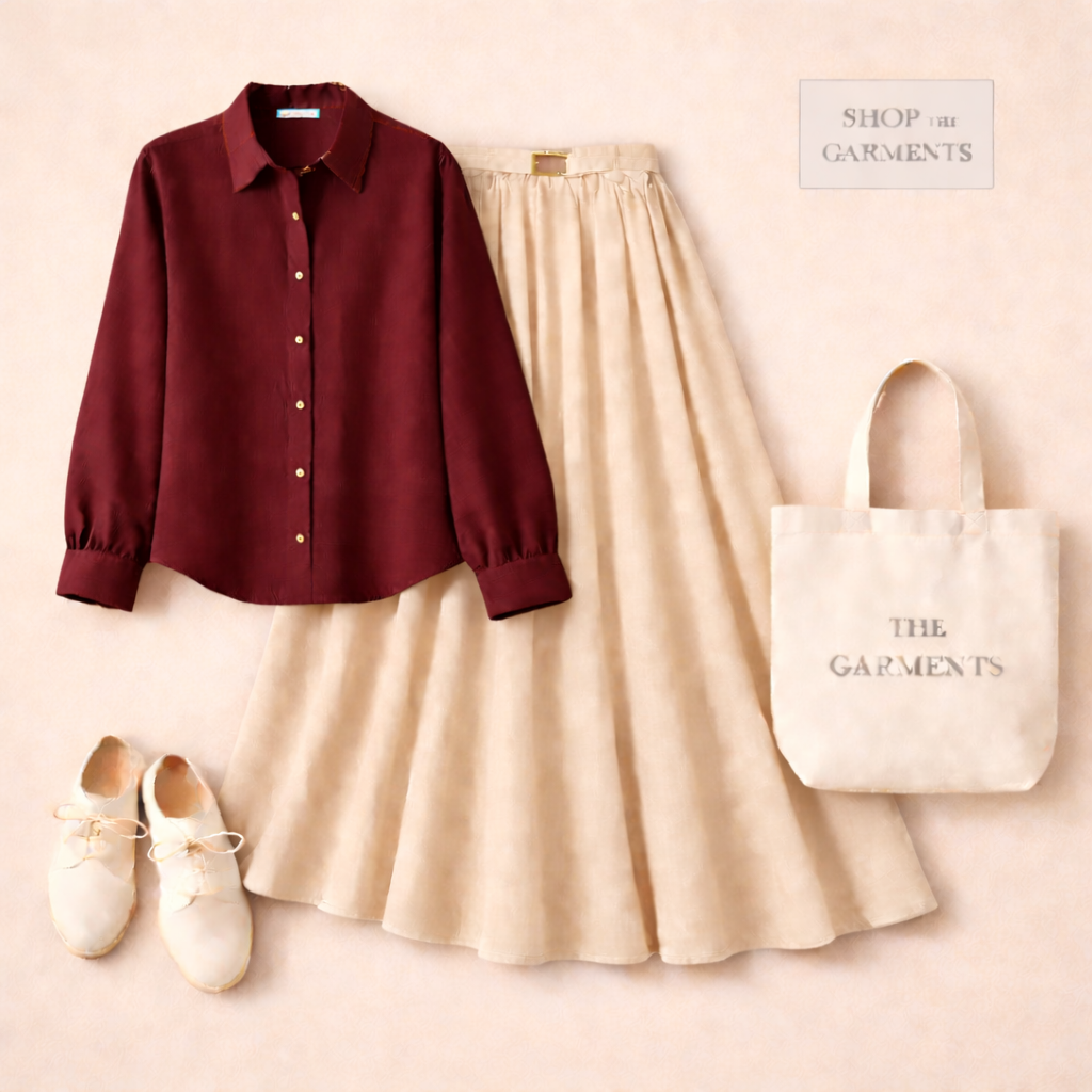 MAROON BUTTON DOWN WITH BEIGE SKIRT (Twill)