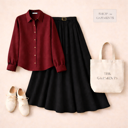MAROON BUTTON DOWN WITH BLACK SKIRT (Twill )
