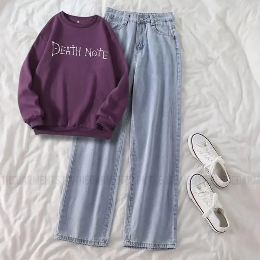 DARK PURPLE SWEATSHIRT ( DEATH NOTE )WITH ICE BLUE WIDE LEG JEANS