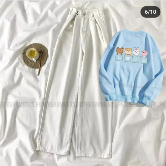 LOVE CARTOONS LIGHT BLUE SWEATSHIRT WITH WHITE WIDE LEG JEANS