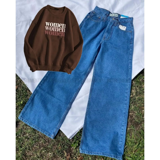 BROWN SWEATSHIRT( WOMEN) WITH SKY BLUE WIDE LEG JEANS