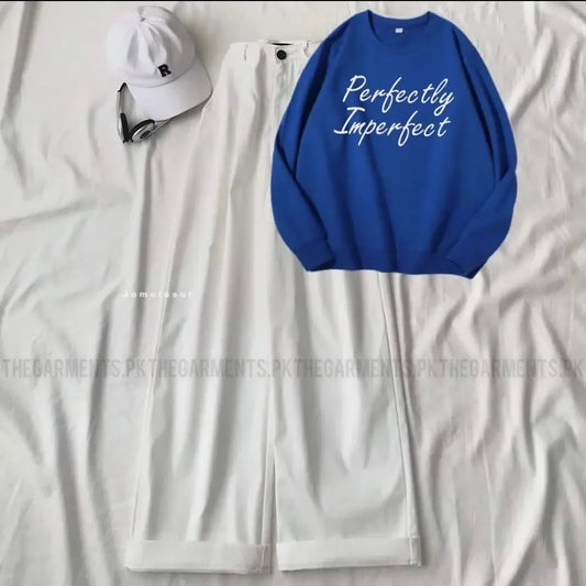 ROYAL BLUE SWEATSHIRT ( PERFECTLY IMPERFECT) WITH WHITE WIDE LEG JEANS