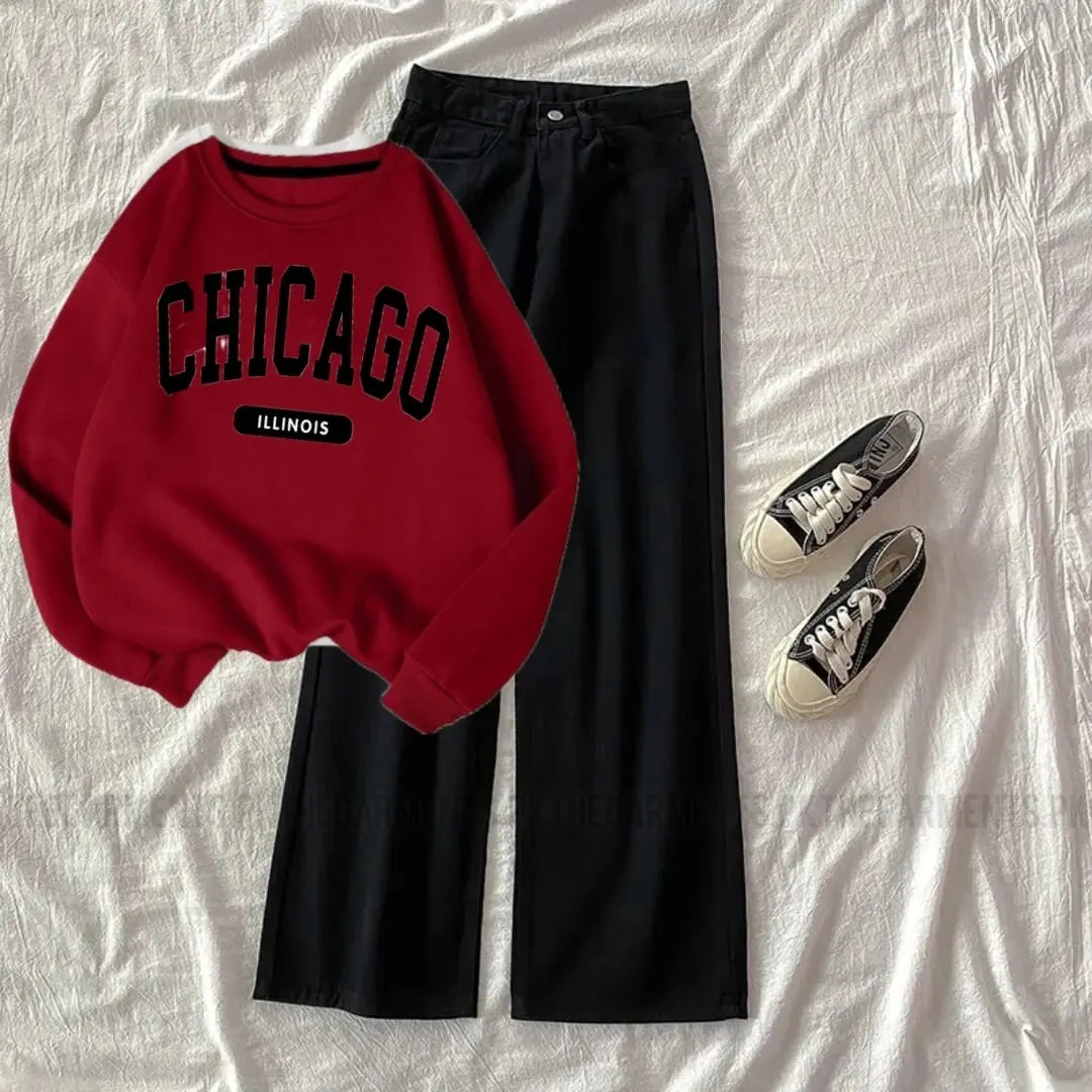 RED SWEATSHIRT ( CHICAGO) WITH BLACK WIDE LEG JEANS