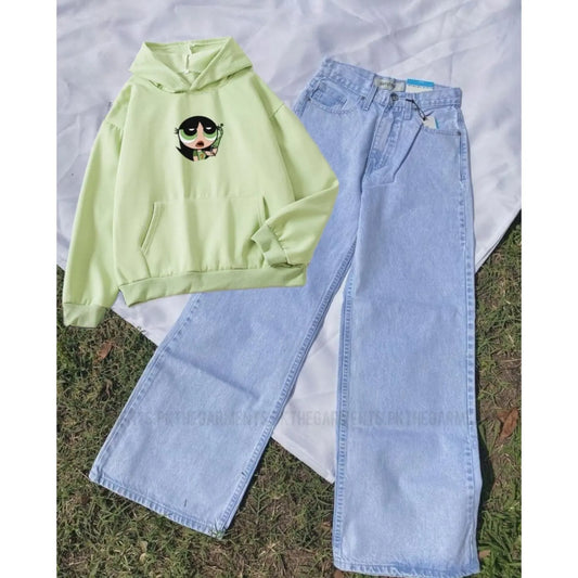 SEA GREEN HOODIE ( GREEN POWERPUFF) WITH ICE BLUE WIDE LEG JEANS