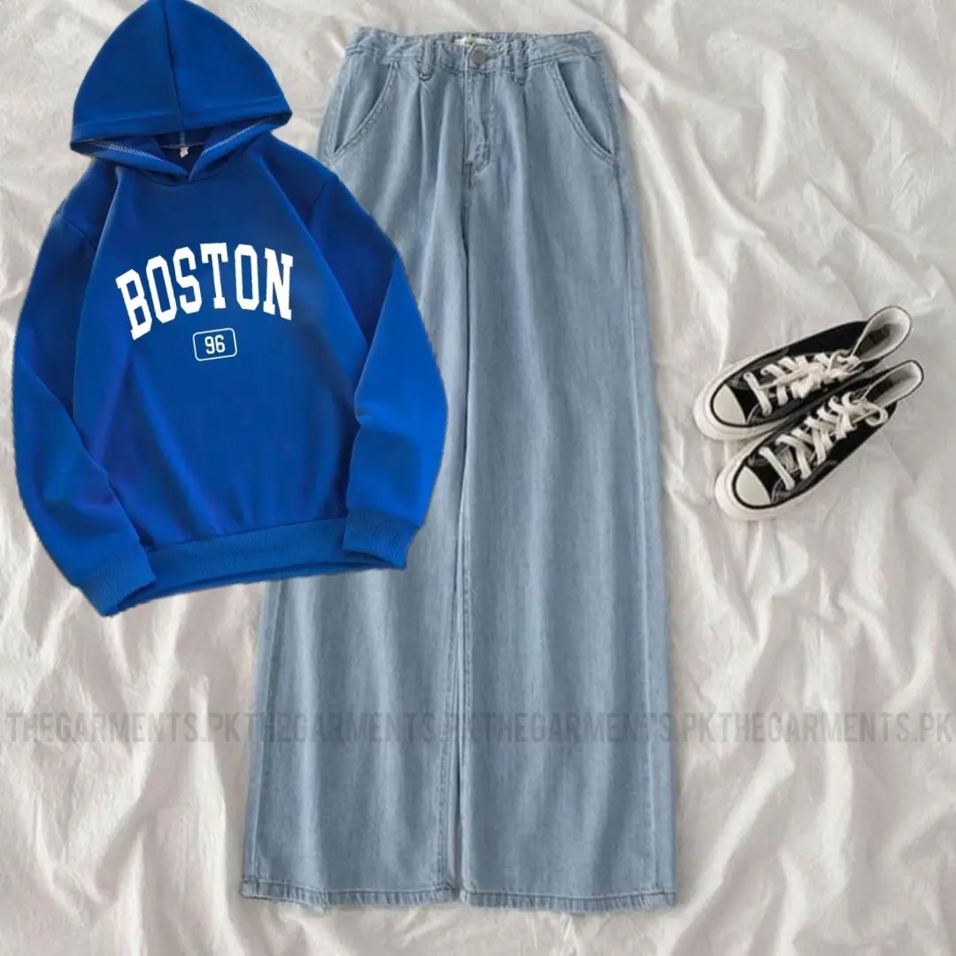 ROYAL BLUE HOODIE (BOSTON ) WITH SKY BLUE WIDE LEG JEANS