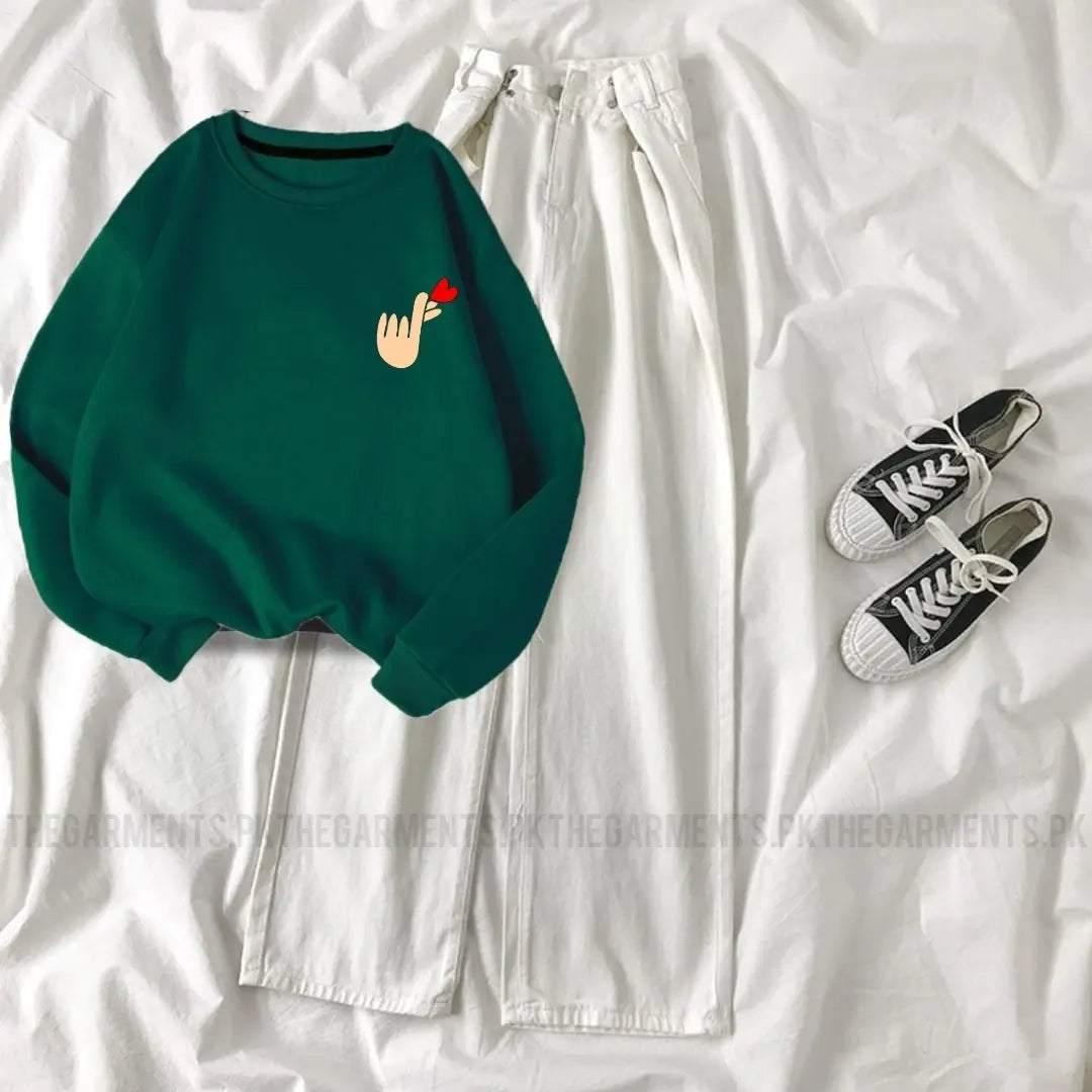 BOTTLE GREEN SWEATSHIRT ( LOVE CHARM POCKET) WITH WHITE  WIDE LEG JEANS