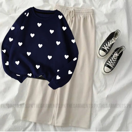 FILLED HEARTS ALL OVER NAVY BLUE SWEATSHIRT WITH BEIGE FLAPPER