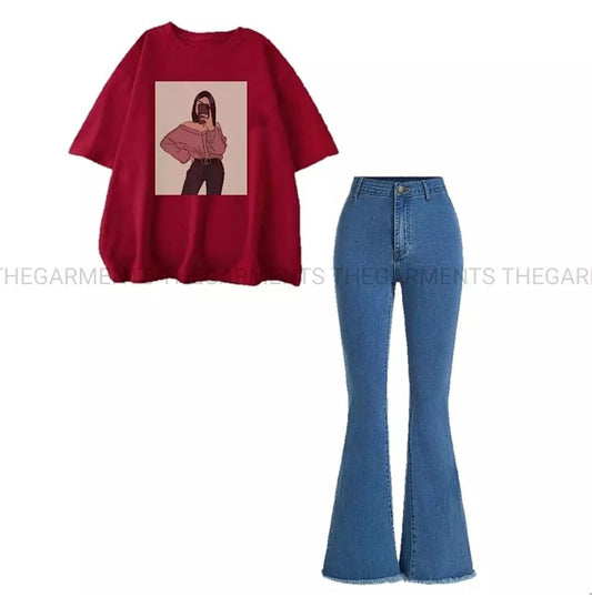 OFF SHOULDER GIRL RED TSHIRT WITH SKY BLUE BELL BOTTOM JEANS