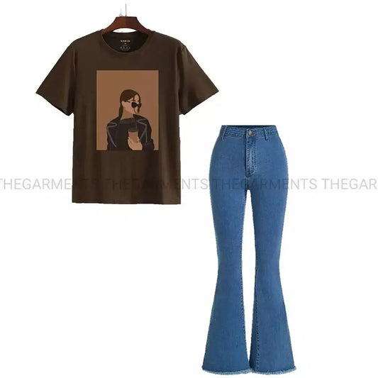 COFFEE GIRL BROWN TSHIRT WITH SKY BLUE BELL BOTTOM JEANS