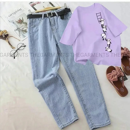 PANDA LADDER LILAC TSHIRT WITH ICE BLUE MOM JEANS