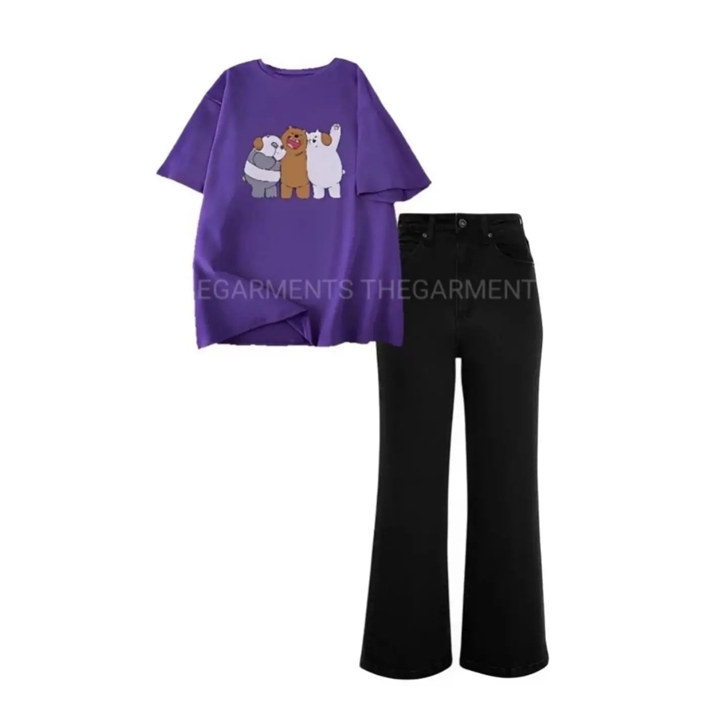 TOGETHER BEAR PURPLE TSHIRT WITH BLACK WIDE LEG JEANS