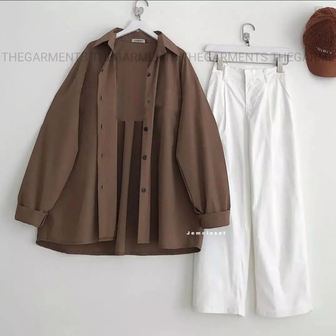 DARK BROWN BUTTON SHIRT WITH WHITE WIDE LEG JEANS