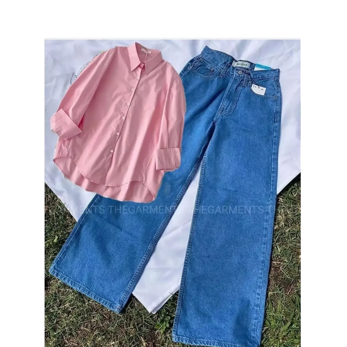 LIGHT PINK BUTTON SHIRT WITH SKY BLUE WIDE LEG JEANS