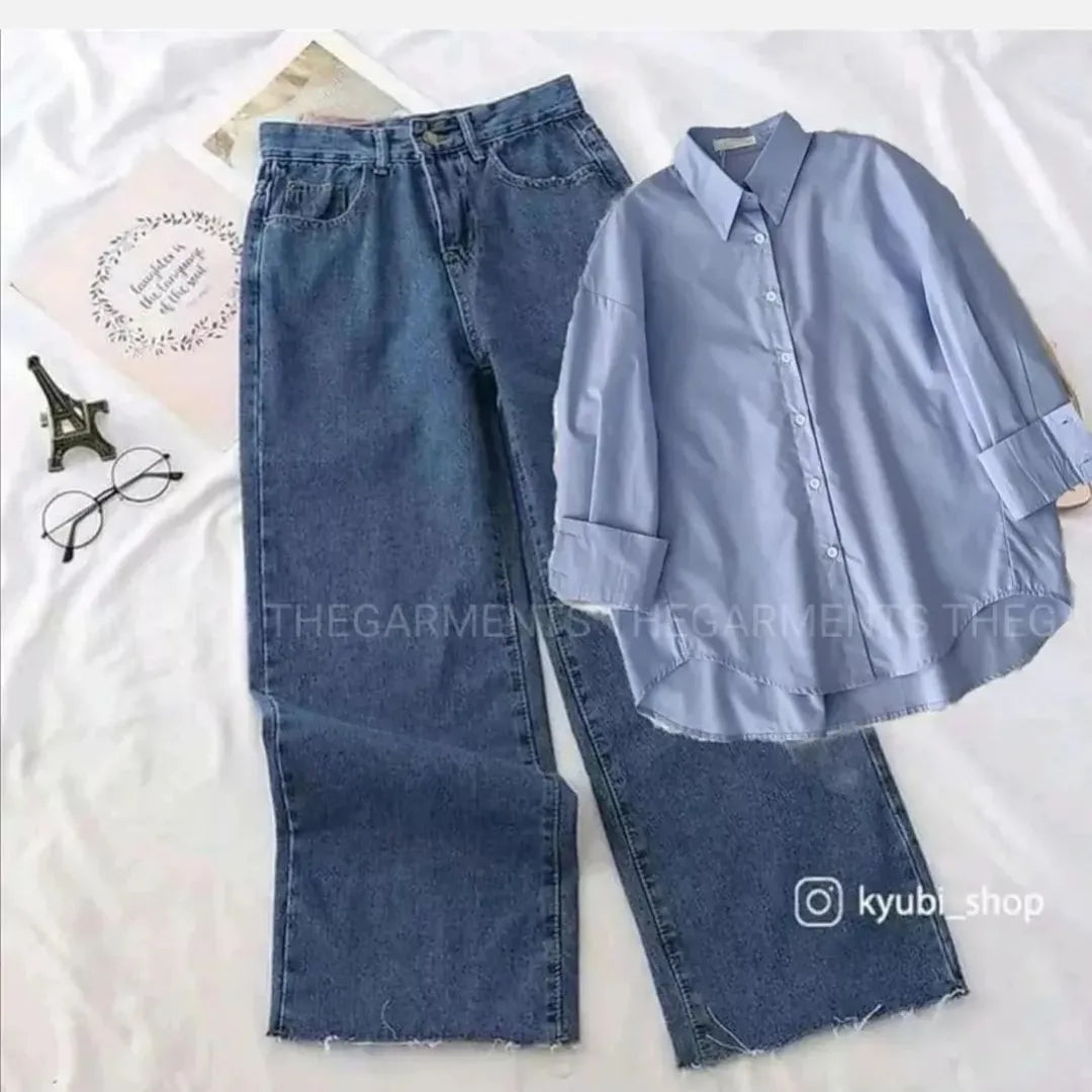 LIGHT BLUE BUTTON SHIRT WITH DARK BLUE WIDE LEG JEANS