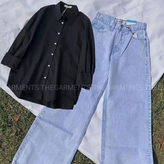 BLACK BUTTON SHIRT WITH ICE BLUE  WIDE LEG JEANS