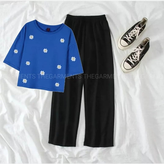 DAISY ALL OVER  ROYAL BLUE TSHIRT WITH BLACK FLAPPER