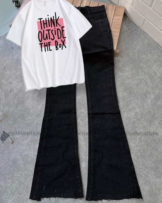 WHITE TSHIRT ( THINK OUTSIDE THE BOX) WITH BLACK BELL BOTTOM JEANS