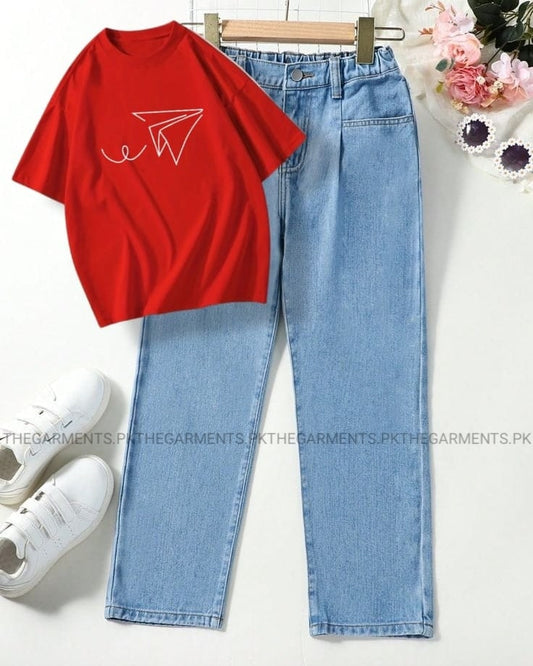 RED TSHIRT ( PAPER AEROPLANE) WITH SKY BLUE MOM JEANS