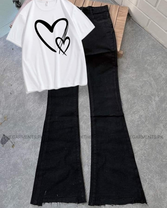 WHITE TSHIRT ( HEART IN HEART) WITH BLACK BELL BOTTOM JEANS