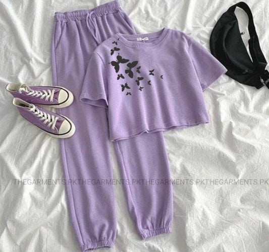 SHOULDER BUTTERFLIES LILAC CROP TSHIRT WITH LILAC TROUSER