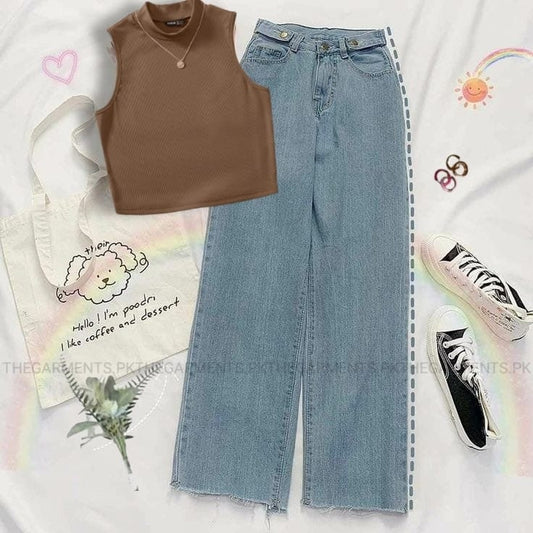 BROWN TANKTOP WITH MID BLUE  WIDE JEANS