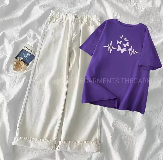 PURPLE TSHIRT ( BUTTERFLY VEIN) WITH WHITE WIDE LEG JEANS